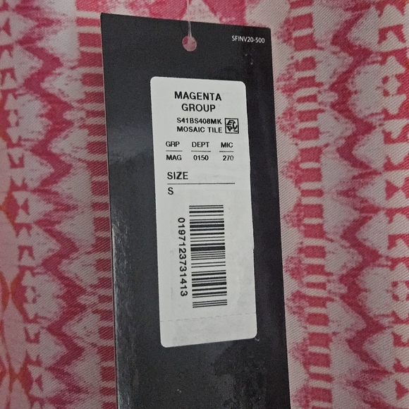 Investments 3/4 Sleeve Open Front Kimono: Magenta/White/Orange Mosaic Tile Print - Picture 7 of 12